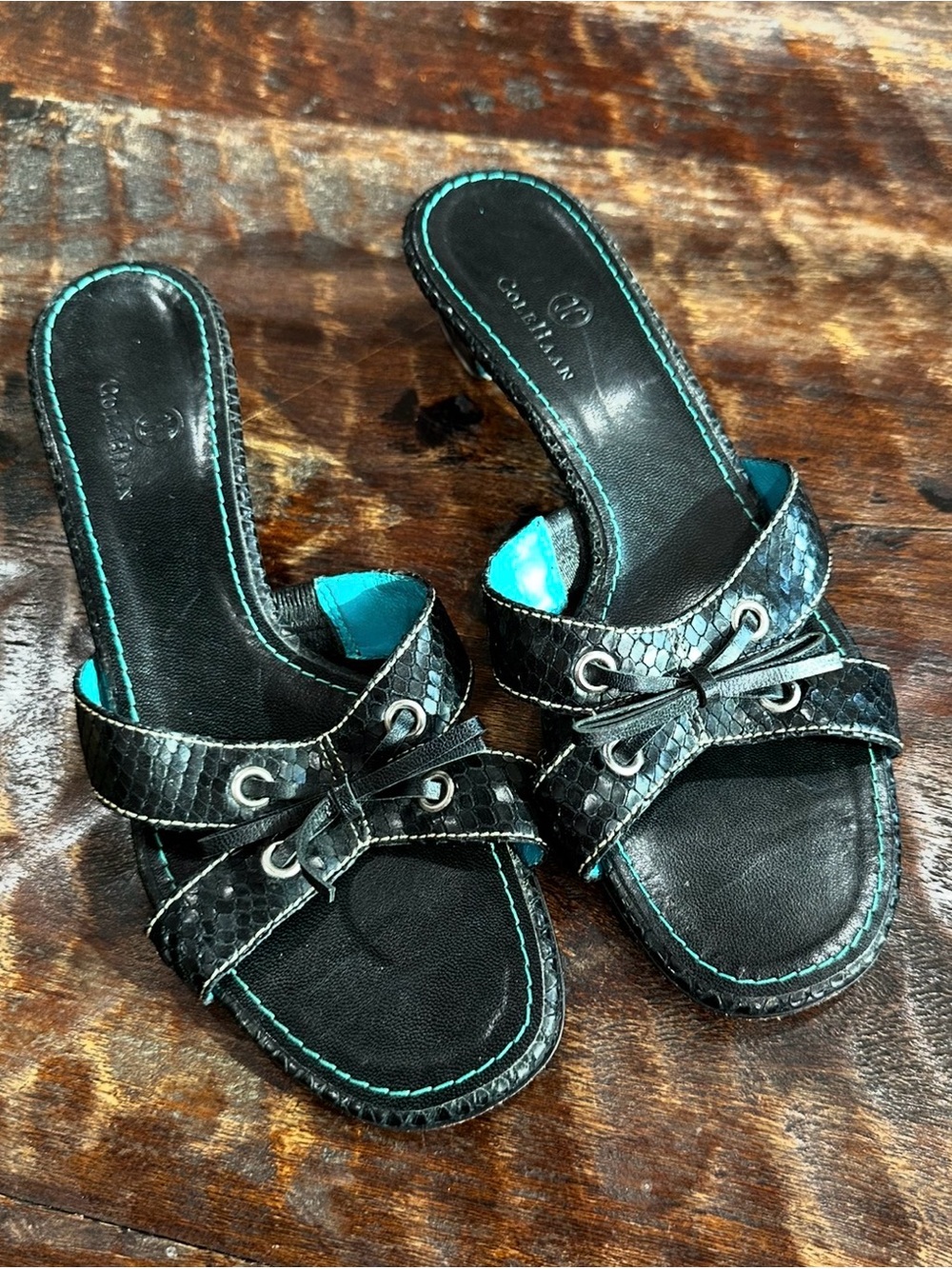 Cole Haan Black Textured Slide Sandals with Teal Accents size 9B